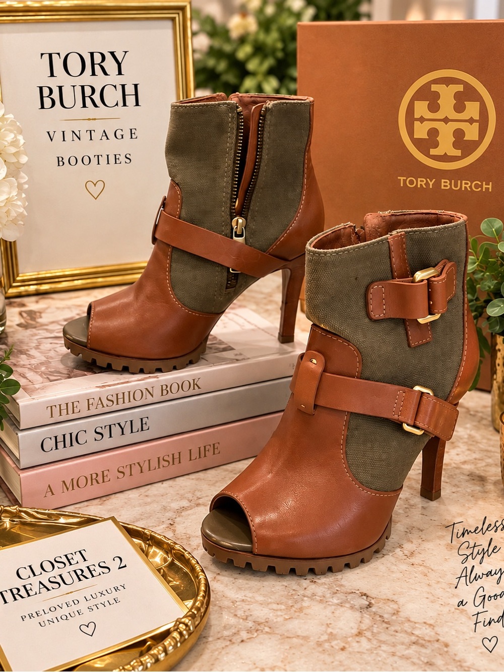 Tory Burch Brown and Olive Peep-Toe Leather Ankle Booties VINTAGE